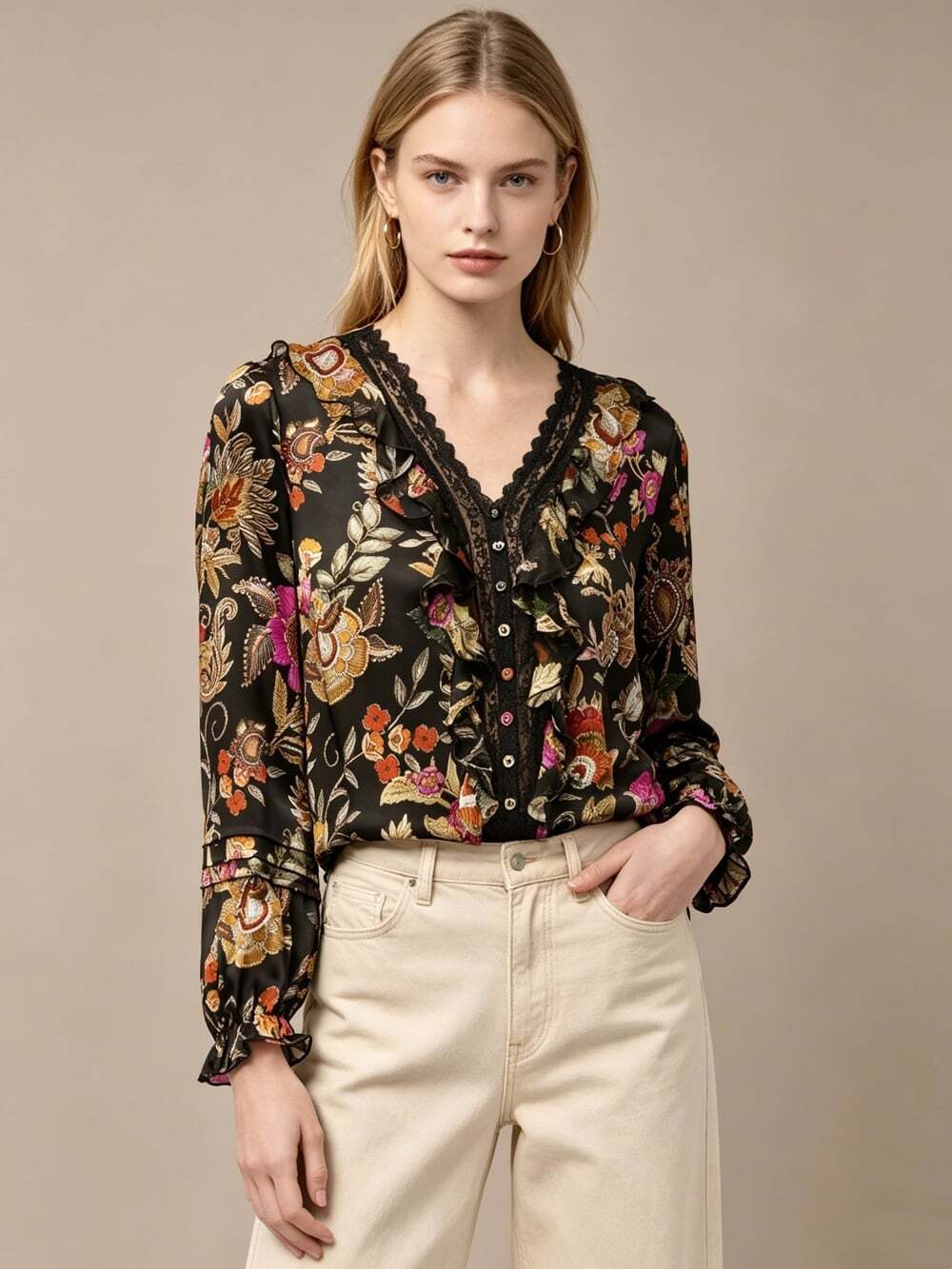 NWOT Johnny Was Claudia Floral Silk Blend Lace Ruffle Blouse Size S